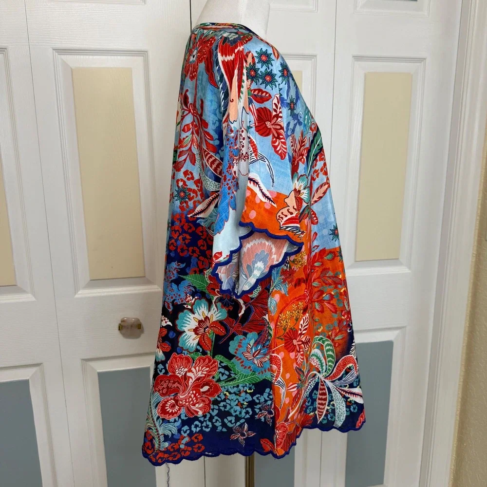 Love Kyla Anthropologie Tunic Bohemian Floral Print Tie Neck Scalloped Edge M